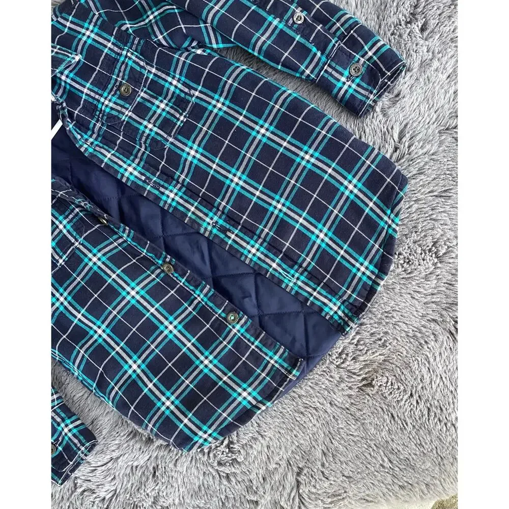Gapkids Boys Quilted Lined Plaid Button Front‎ Jacket Winter Blue Green Size XS